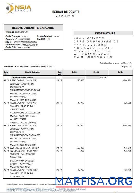 Downloadable France NSIA Banque bank statement word 4 pages sample